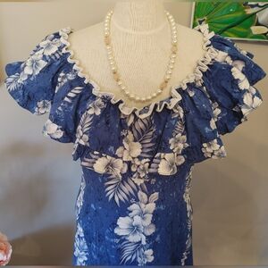 Blue Floral Off-Shoulder Ruffle Women's Full Trained Hawaiian Fitted Gown (384)